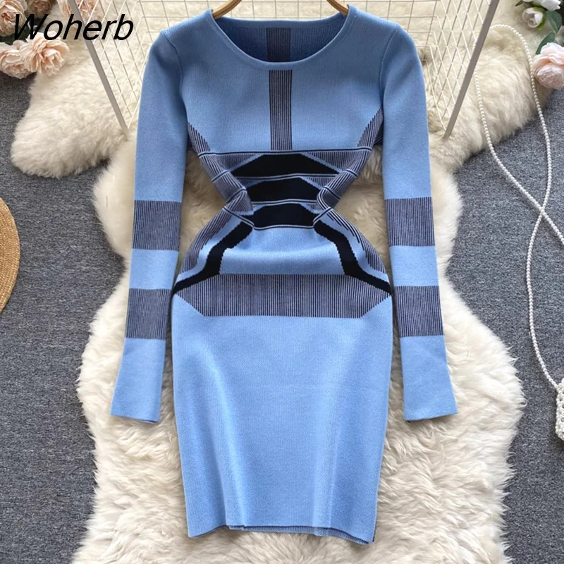 Woherb Fashion Y2K Geometric Knitted Women Dress 2023 Autumn Winter Elegant Wrap Hips Short Office Dress Brand Party Vestidos