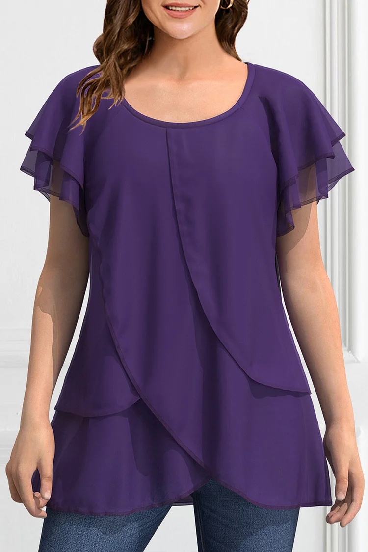 Flycurvy Plus Size Dressy Dark Purple Chiffon Ruffle Sleeve Layered Asymmetrical Hem Blouse  Flycurvy [product_label]