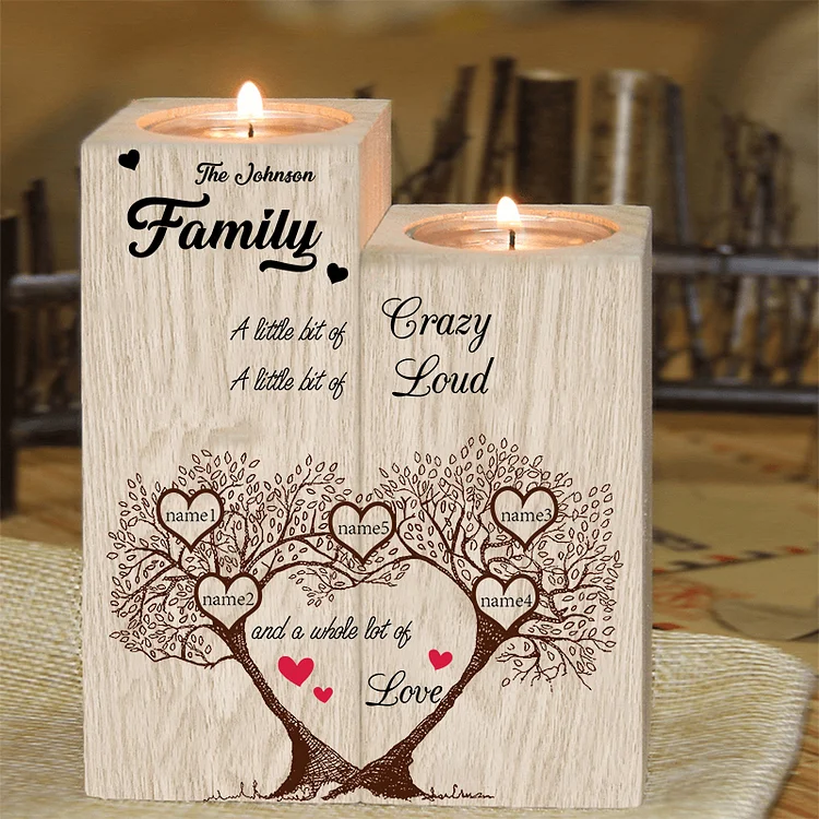 Family Name Wooden Heart Candle Holder Custom 5 Names Family Tree Candlesticks