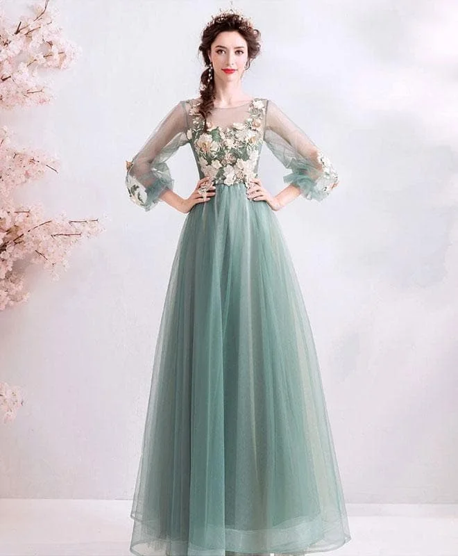 Green Round Neck Tulle Lace Long Prom Dress, Green Bridesmaid Dress