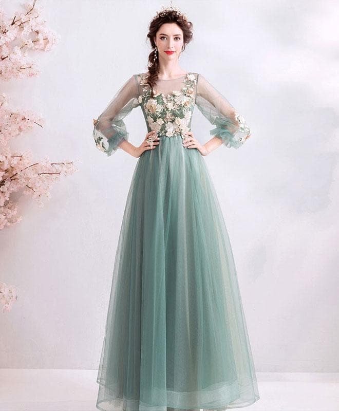 Green Round Neck Tulle Lace Long Prom Dress, Green Bridesmaid Dress