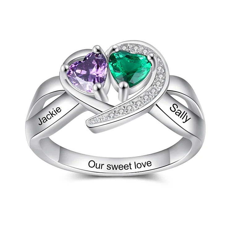 Personalized Heart Ring Custom 2 Birthstones Family Gifts