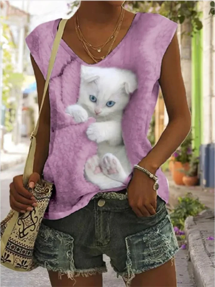 Women's T-shirt Cat Print Sleeveless Casual Everyday Basic V-neck Green Pink Purple White-JRSEE