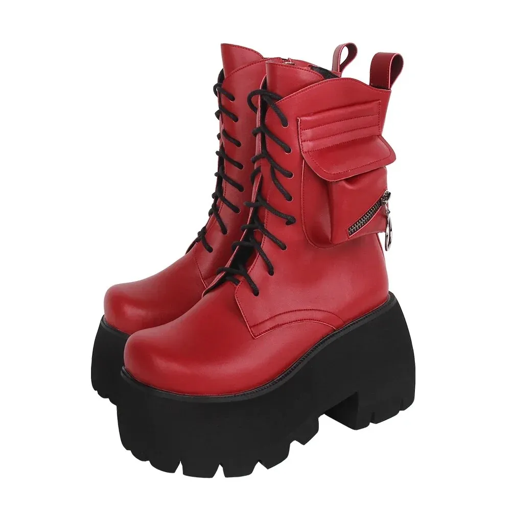 VCshoes Women Gothic Motorcycle Punk Dark Street Style Boots Lady Short Ankle Boots Woman High Heels Pumps Platform Shoes Black Boots 41