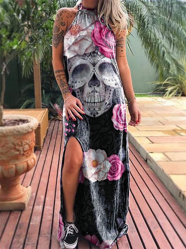Punk flower skull print casual dress