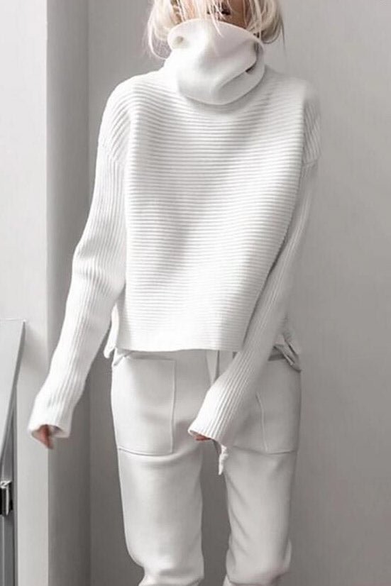 White Long-Sleeved High-Neck Casual Sweater - BlackFridayBuys