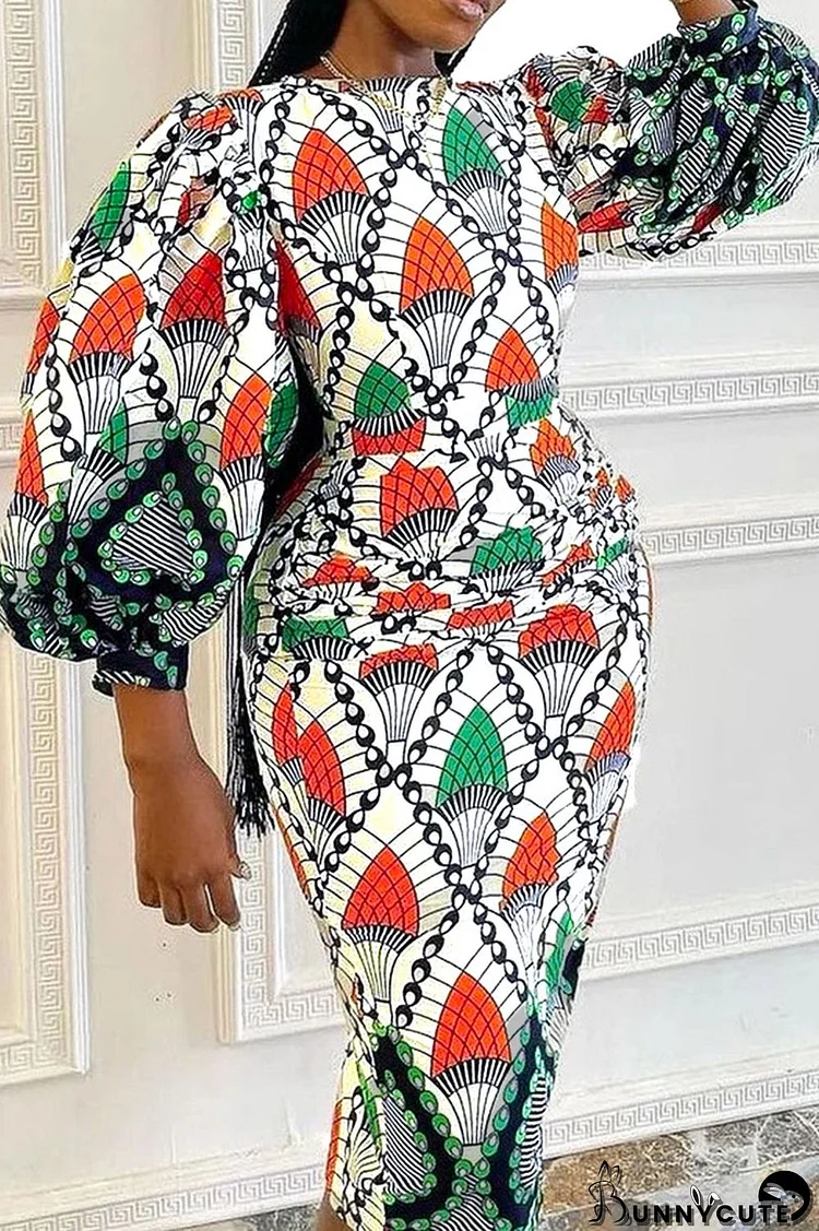 Orange Green Elegant Print Patchwork O Neck One Step Skirt Dresses