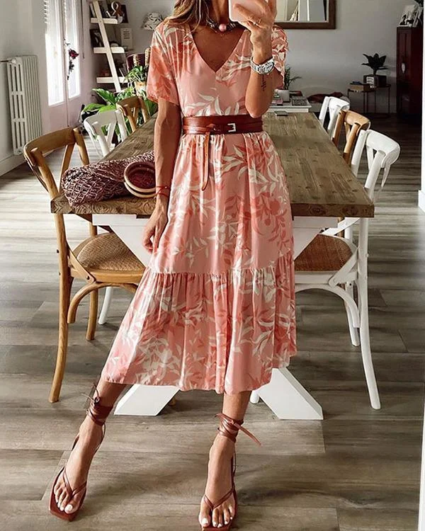 boho floral v neckline midi x line dress p340918