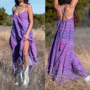 Women's Boho Purple Pink Floral Print Criss Cross Back Maxi Dress