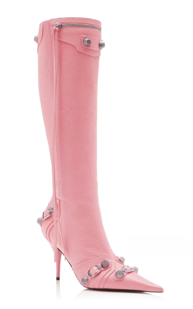 VCSHOES Women Pointed Toe Metallic Rivets Studs Punk Boots Knee High Neon Pink Jeans Pink Long Gothic Boots Side Zipper 45