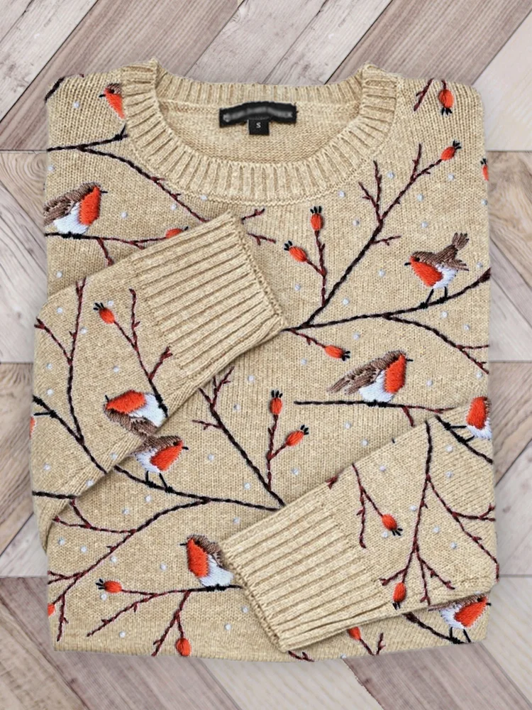 Birds on Branch Embroidery Pattern Cozy Knit Sweater
