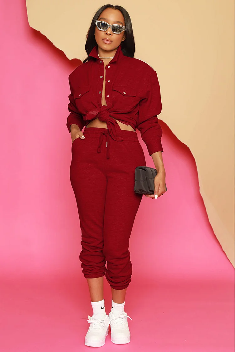Button Up Long Sleeve Tie Up Twisted Blouse Pocket Jogger Pants Matching Set - Blue