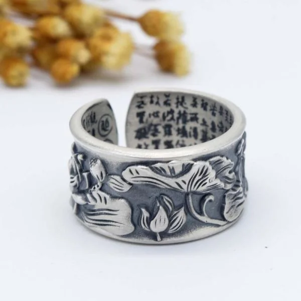 Sterling Silver Koi Lotus Heart Sutra Ring