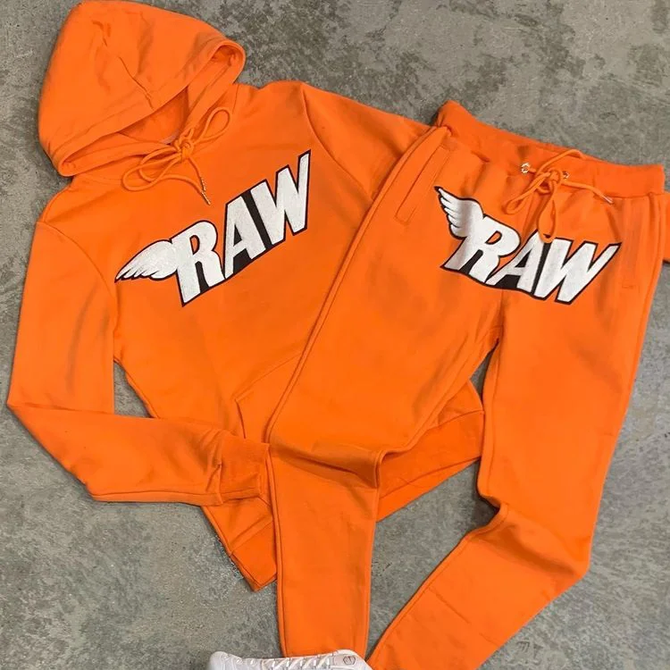Orange fashion raw printed Hooded Sweater Set