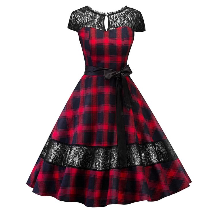 Red/Green Grid Backless Lace Bow Dress SP13846
