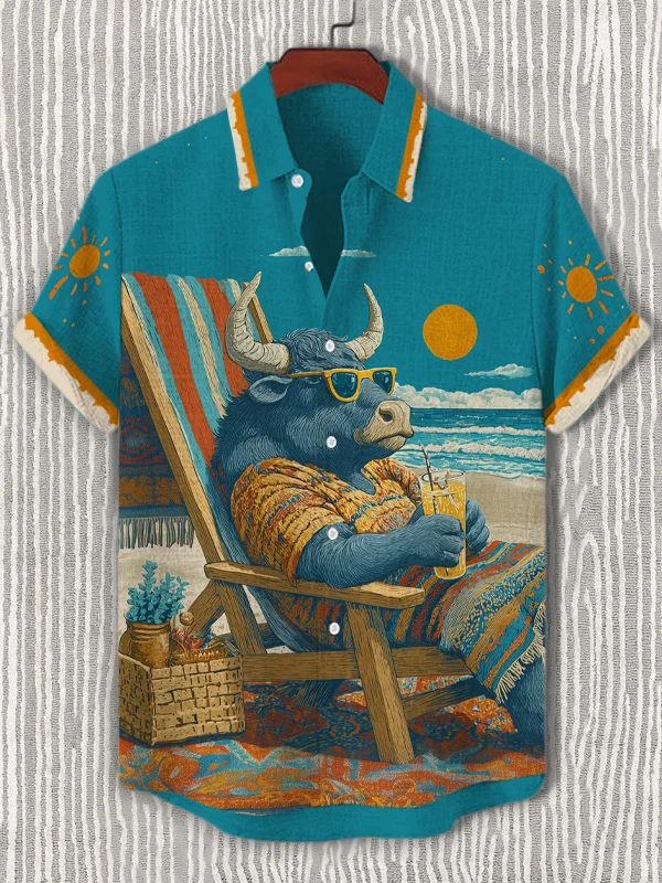 Men's Western Bull Drinking Cocktails On Beach Vacation Art Print Short Sleeve Shirt