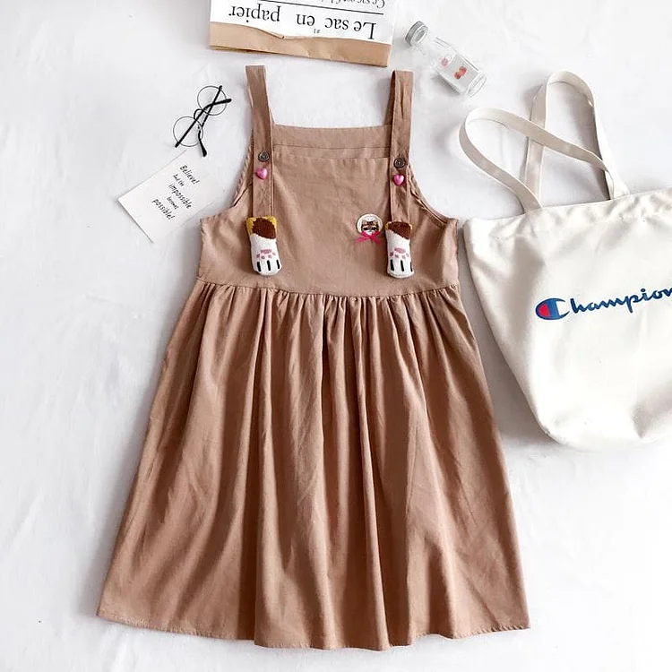 Khaki Kawaii Kitty Paw Corduroy Suspender Dress S13048