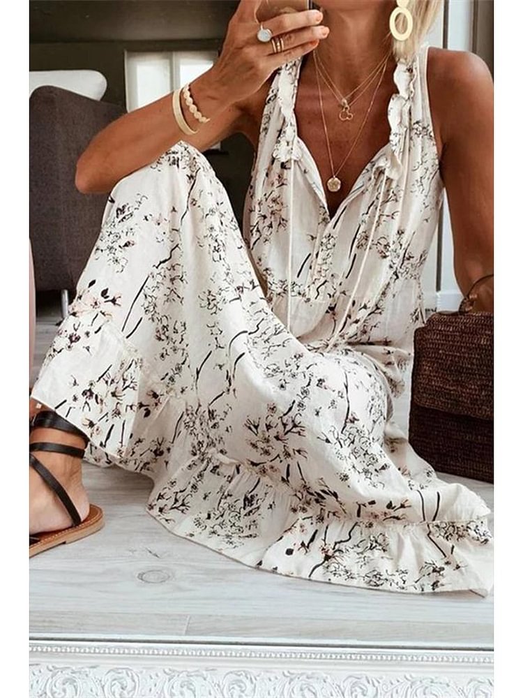 Printed V-neck Lace Sling Loose Dress P14270
