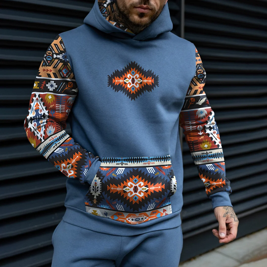 Vintage Men's Casual Western Ethnic Geometric Print Hooded Sweatshirt