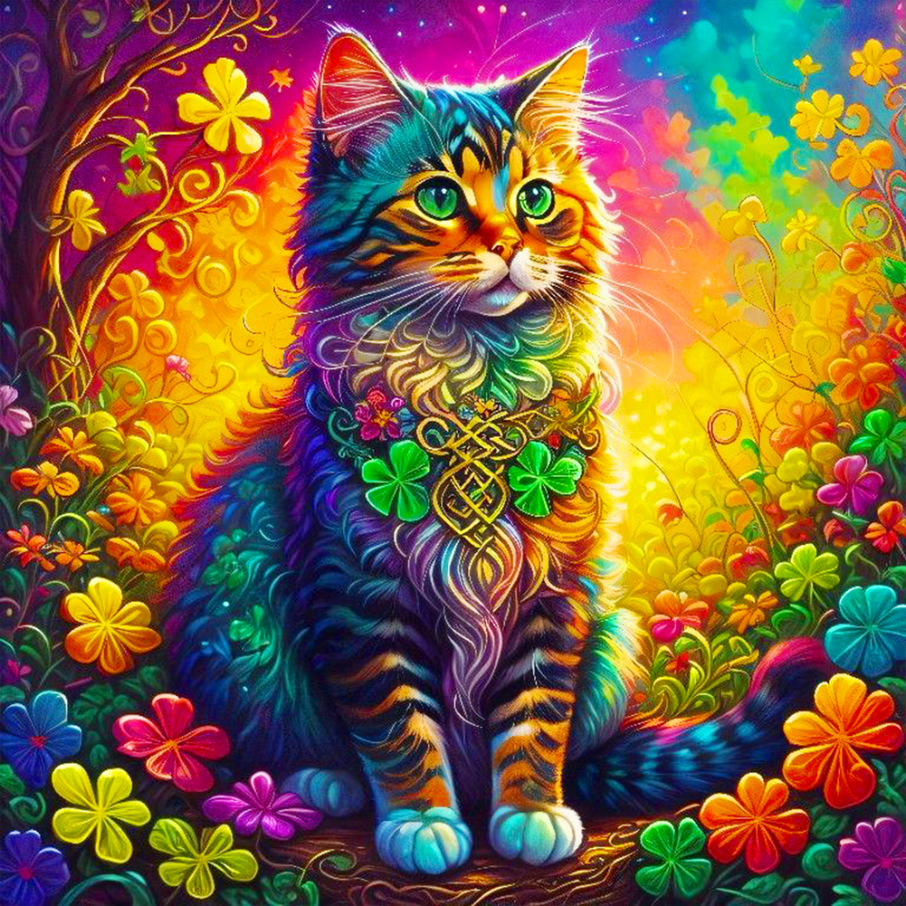 Color Four-Leaf Clover Cat 40*40cm(canvas) full round drill diamond painting