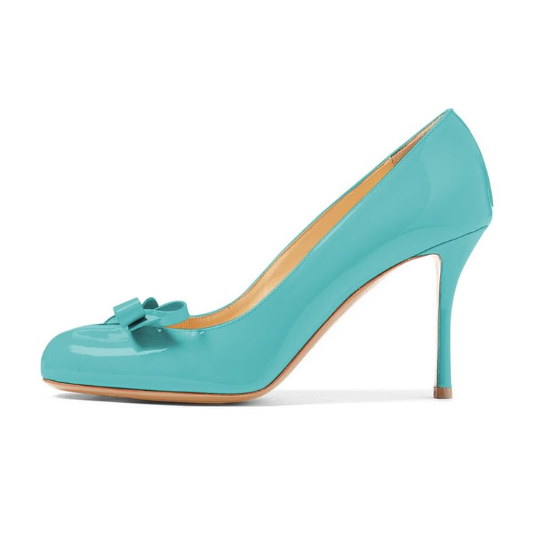 4 inch Heels Cyan Round Toe Stiletto Heels Pumps With Bow |FSJ Shoes