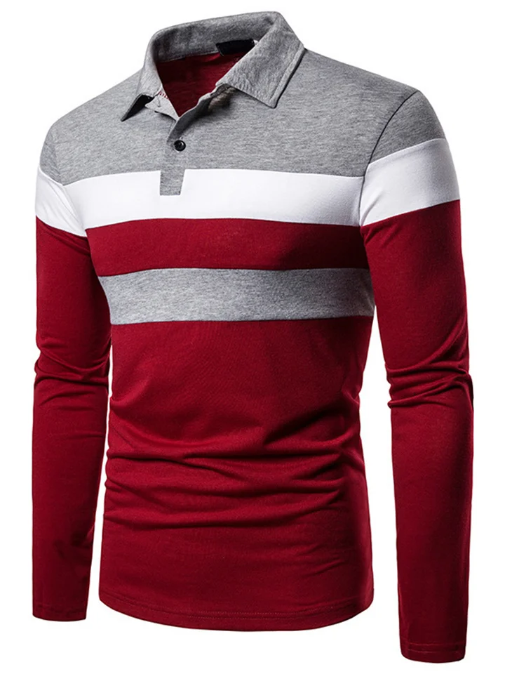 Men's Long-sleeved POLO Shirt Three-color Splicing T-shirt New Casual Fashion Trend Tops Men's Clothing-Cosfine