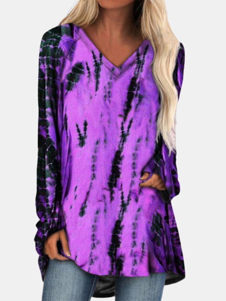 Vintage Printed V neck Women Long T Shirt Loose Dress P1771040