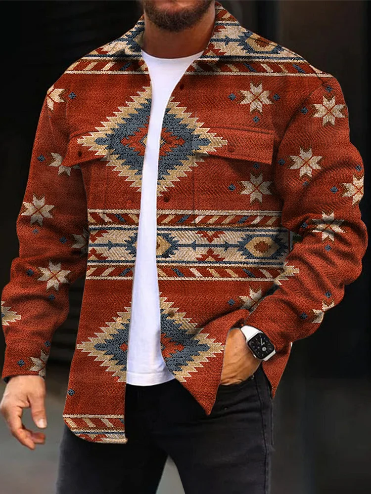 Fashion Red Simple Geometric Print Men's Woolen Sport Jacket