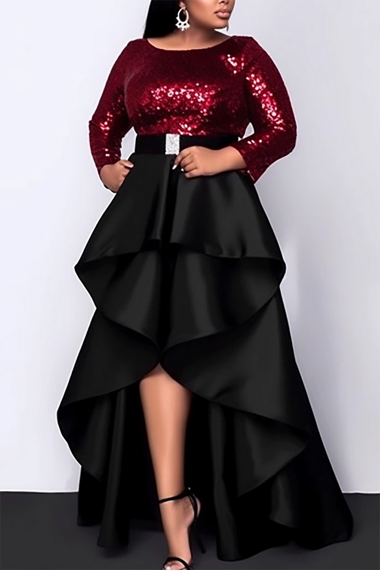 Plus Size Mother Of The Bride Maxi Dresses Elegant Black Fall Winter 3/4 Sleeve Contrast Satin Maxi Dresses [Pre-Order]