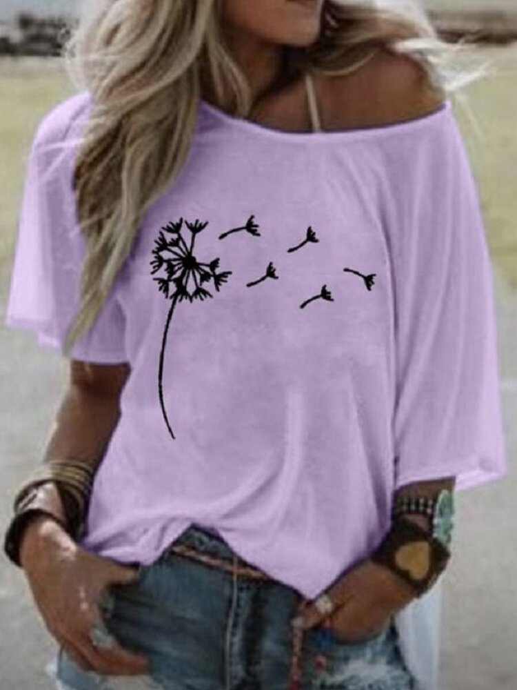 Off shoulder Short Sleeve Flower Print T shirt For Women P1676413
