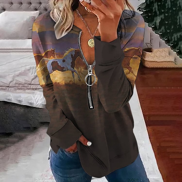 VChics Vintage Horses Printed Zipper Long Sleeve Sweatshirt