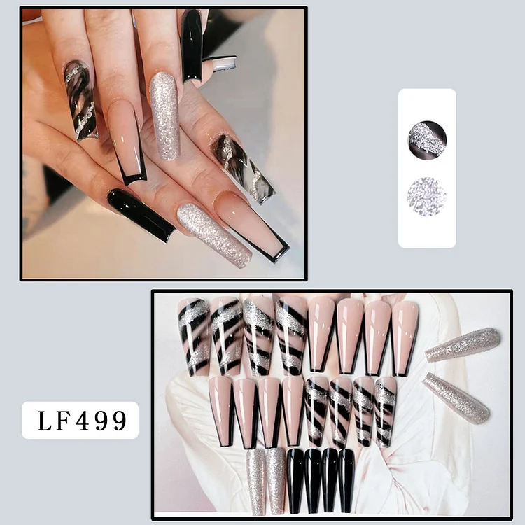 European and American Wear Nail Shiny Black Silver French Hot Girl Long Nail Patch Manicure Wear Nail Finished Product