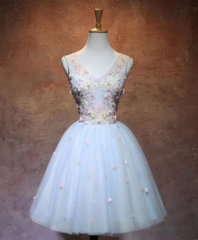 Blue V Neck Tulle Short Prom Dress