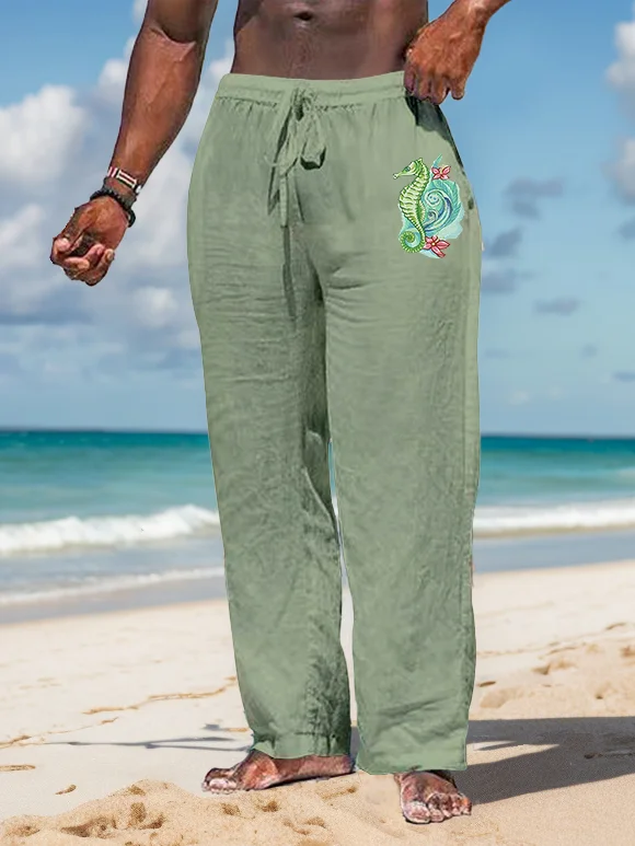 Suitmens Men's Colorful seahorse pattern Cotton And Linen Trousers