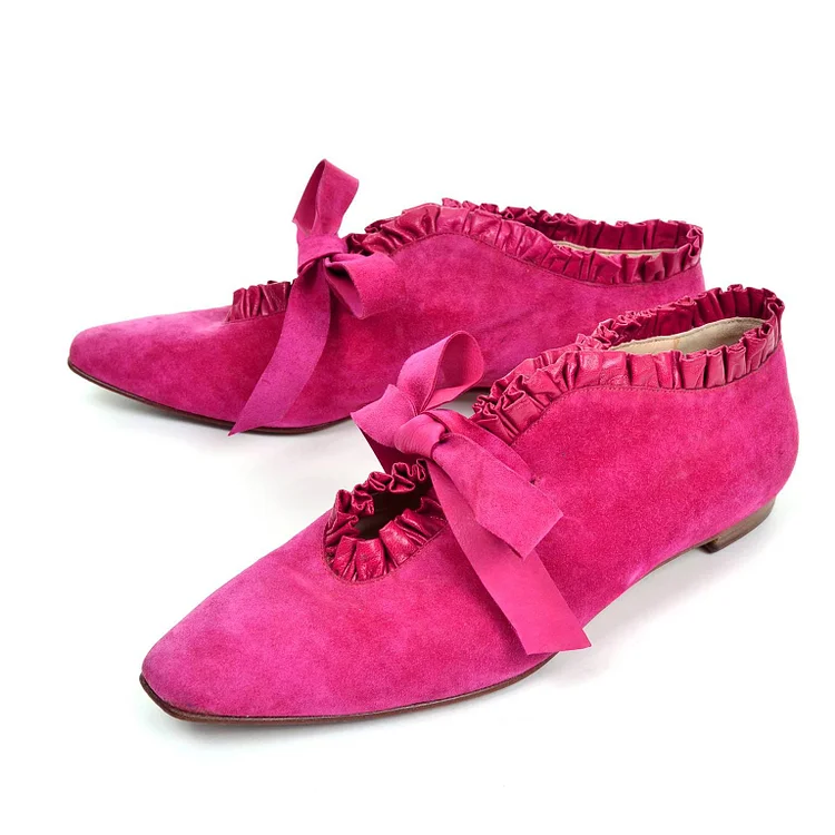 Hot Pink Vegan Suede Ruffle Square Toe Casual Flat Shoes for Women |FSJ Shoes