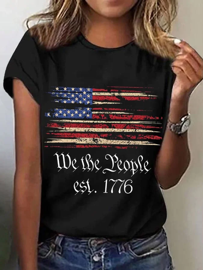 Women's We The People Est. 1776 Independence Day America Flag Casual Tee socialshop