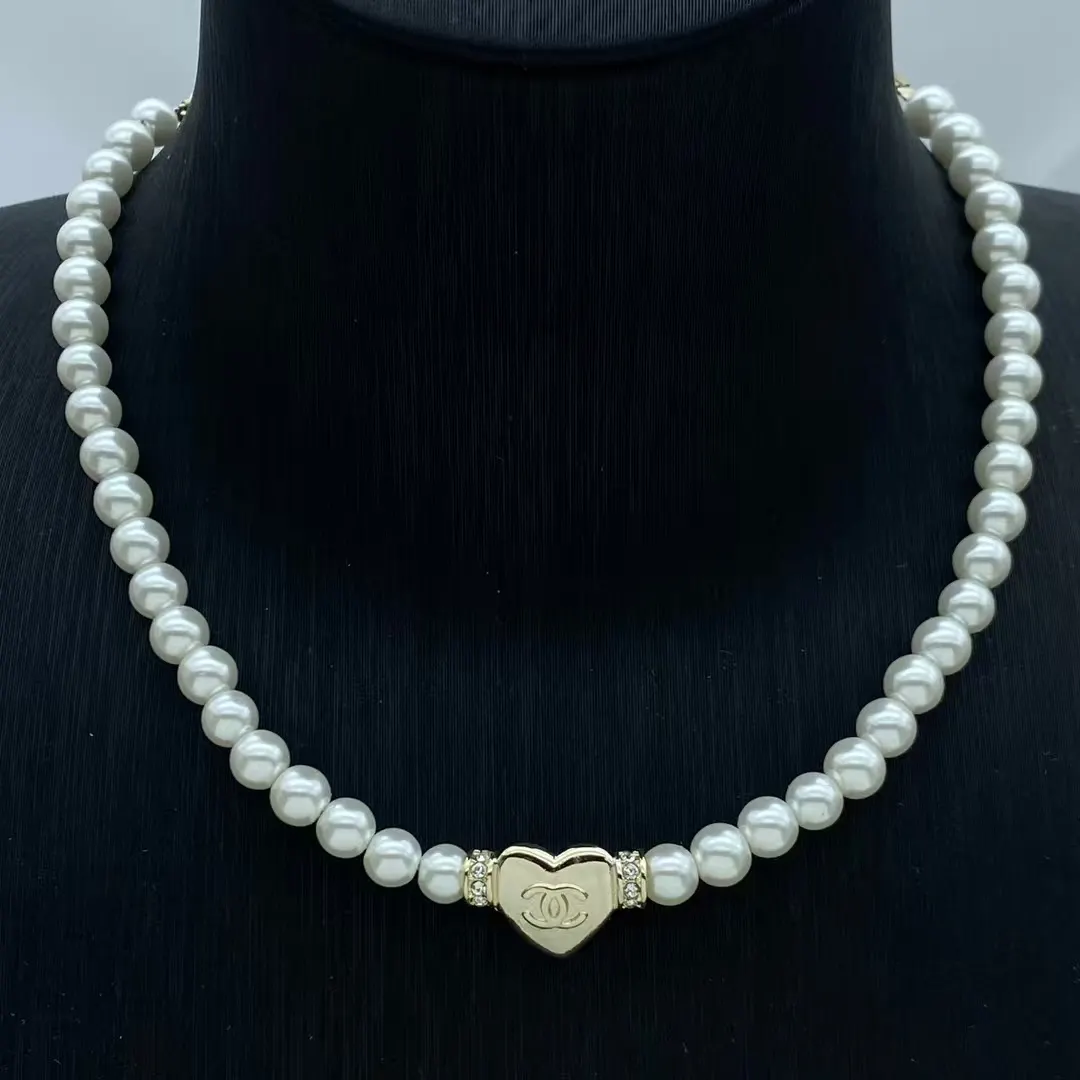 Chanel Gold Heart Pendant Pearl Necklace