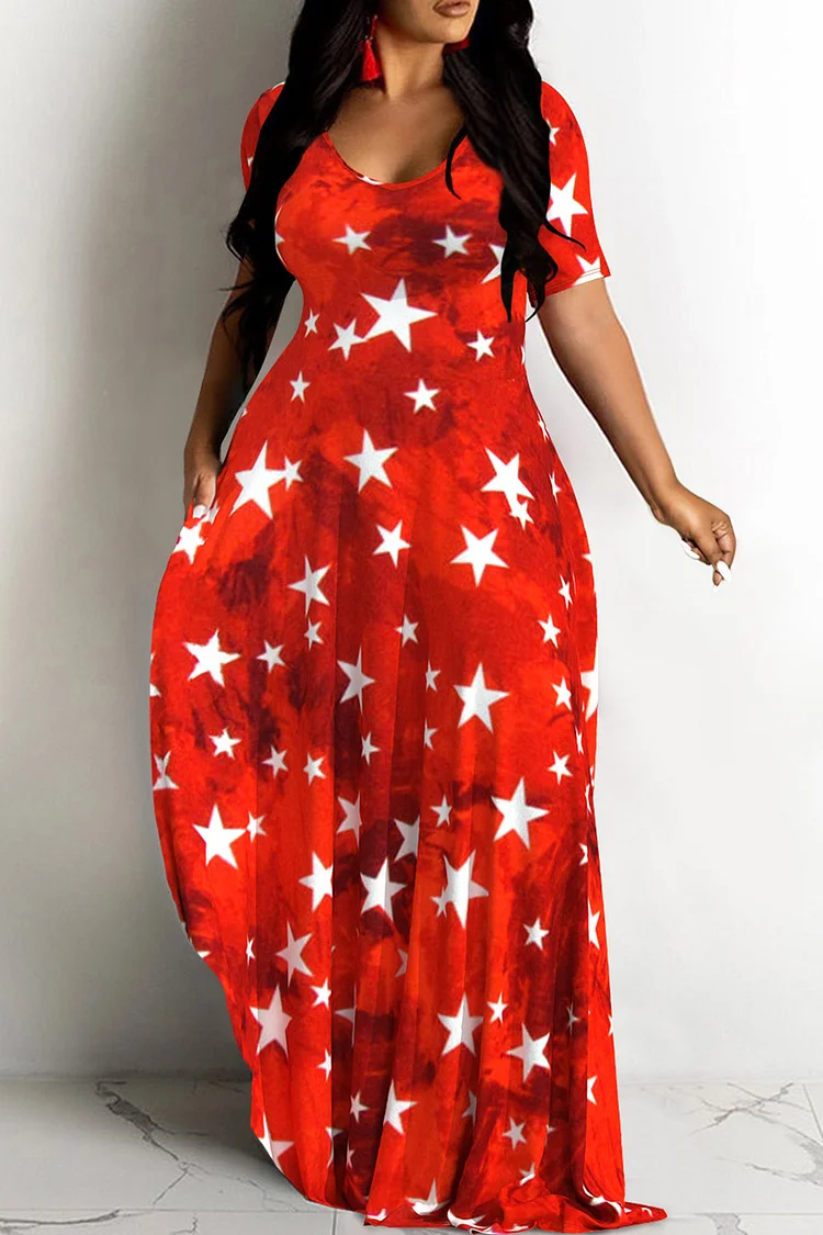Plus Size Casual Red Stars All Over Print Short Sleeve Maxi Dresses