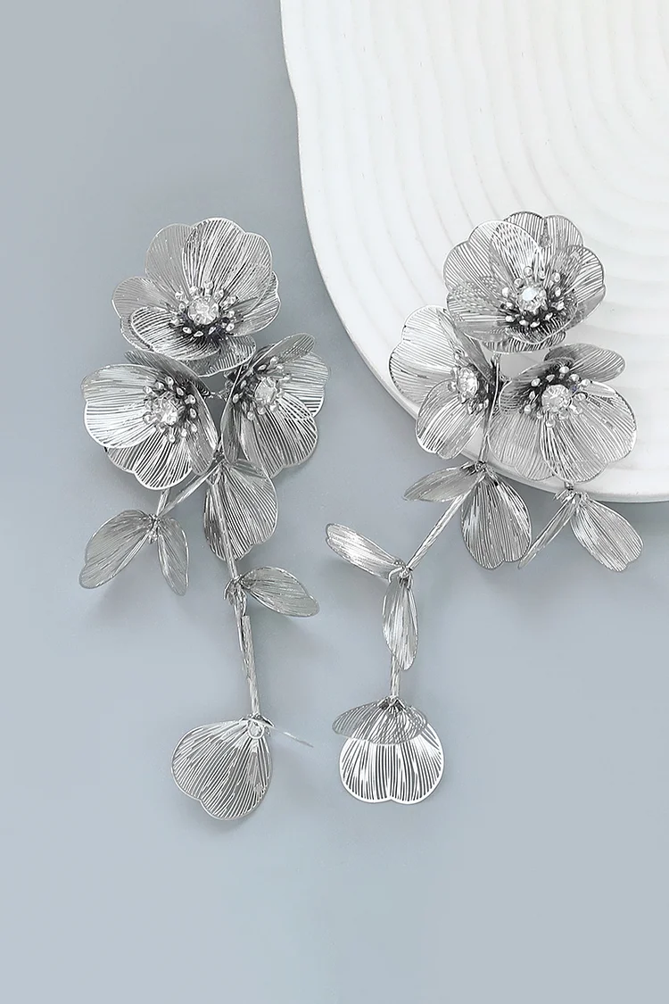 Alloy Rhinestone Hollow Out Floral Decor Dangle Earrings