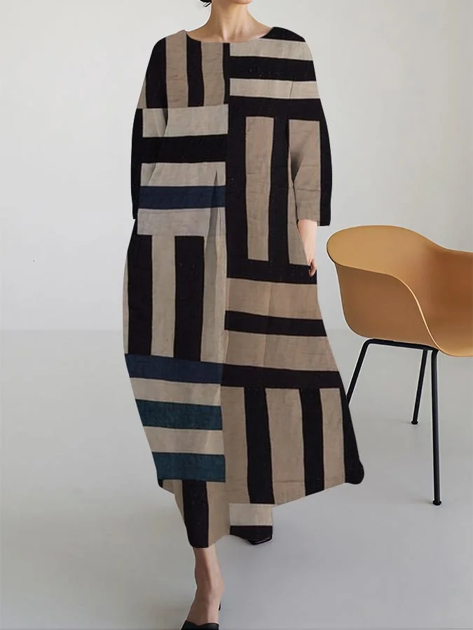 Ladies Artistic Striped Patchwork Design Casual Loose Dress