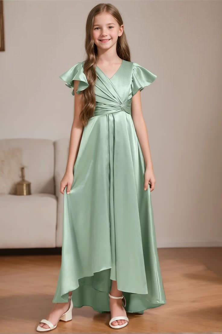 Daisda Satin Ruffles Sleeves A Line Pleated Long Junior Bridesmaid Dress