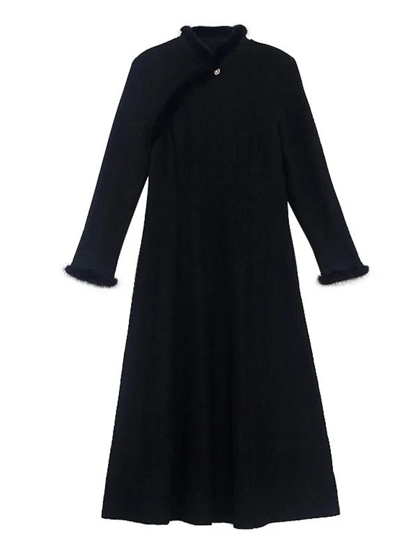 Vintage Lace Pure Color Keep Warm A-Line High-Neck Midi Dress