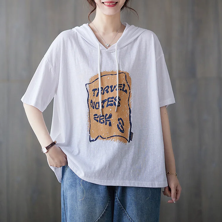 Casual Printed Hooded Short Sleeve T-shirt
