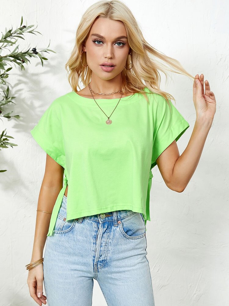 Solid Knotted Tie Side Slit Crew Neck Short Sleeve Casual T-shirt