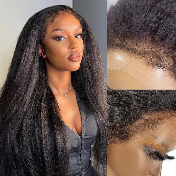 Type 4 Hairline Kinky Straight 13X4 Lace Front Wig Realistic Kinky Edges Yaki Straight Wig