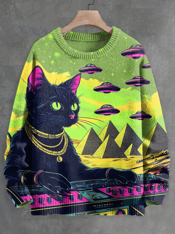 Men's Black Cat DJ UFO Sci-Fi Art Print Knit Sweatshirt