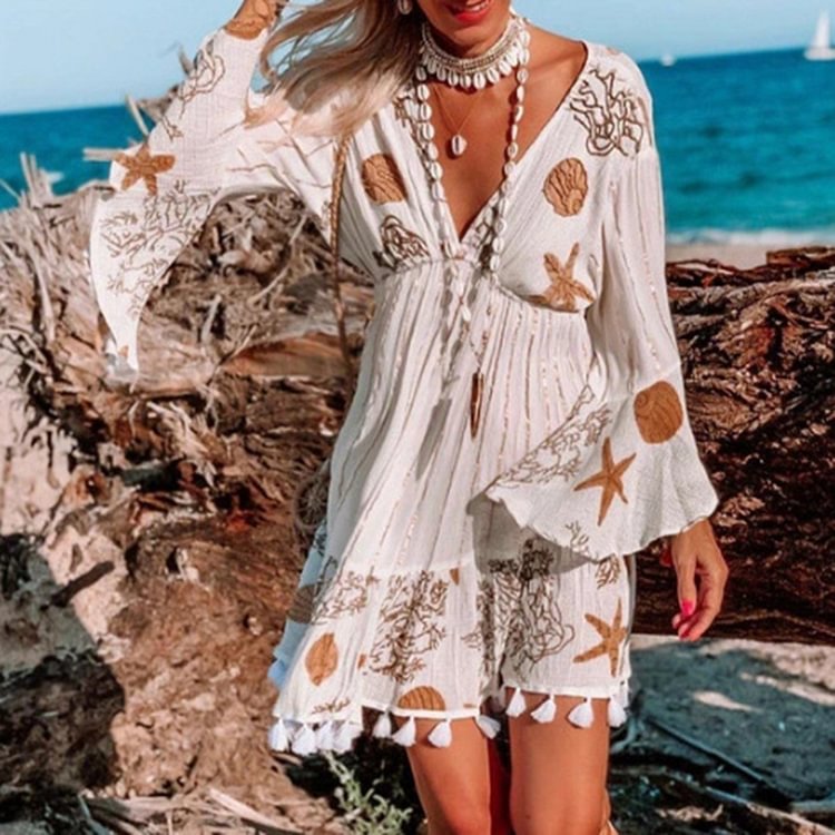 VChics Boho Printed V Neck Long Sleeve Mini Dress