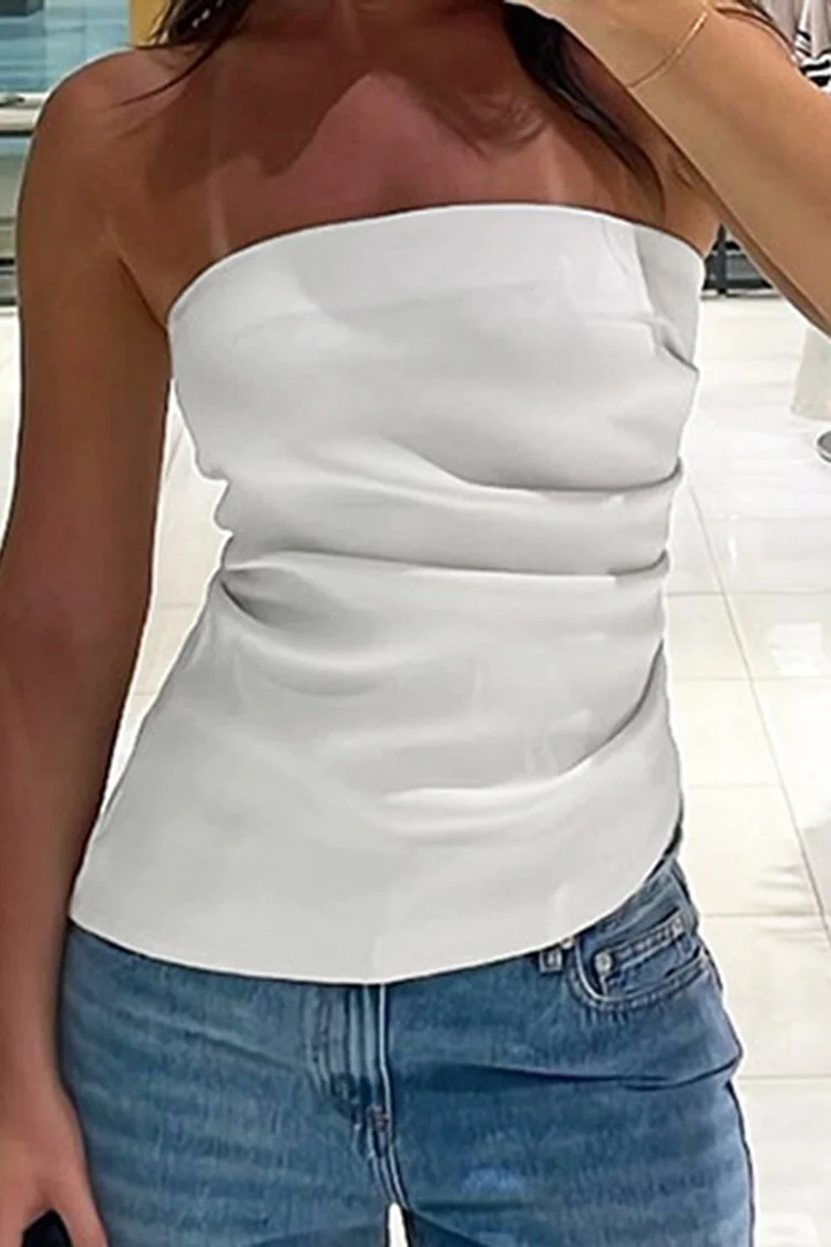 Plain Ruched Asymmetric Hem Slim Fit Tube Top-White
