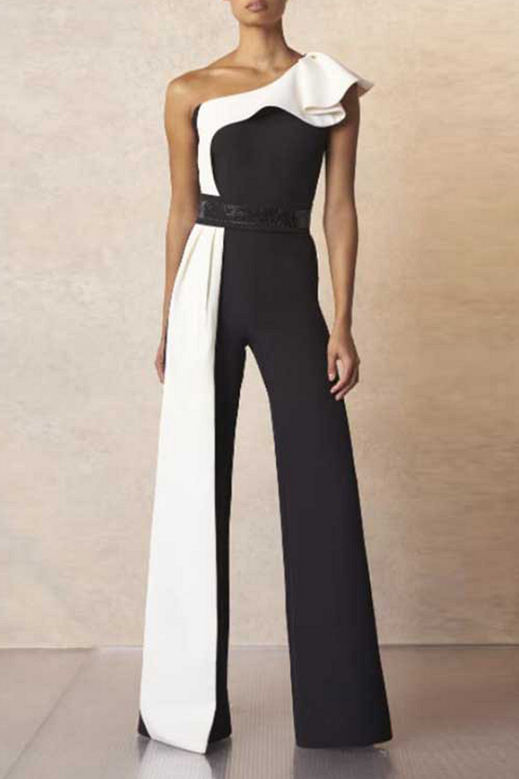 Casual Patchwork Flounce One Shoulder Straight Jumpsuits - Life is Beautiful for You - SheChoic