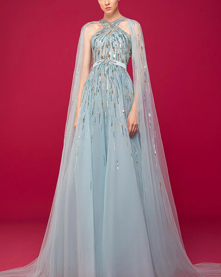 Sequin embellished cape gown